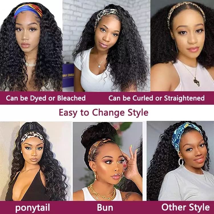Headband Wig Human Hair Wigs 14 Inch Wear and Go Glueless Wig Curly Deep Wave Headband Wig Natural Color