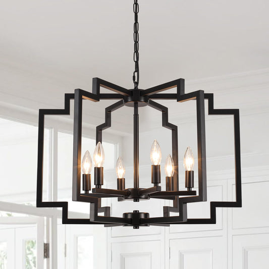 ASHUAQI 6-Lights Black Chandelier for Dining Room, Modern Farmhouse Chandelier Over Table, Geometric Metal Hanging Light Fixture for Kitchen Island Living Room Entryway Foyer Hallway