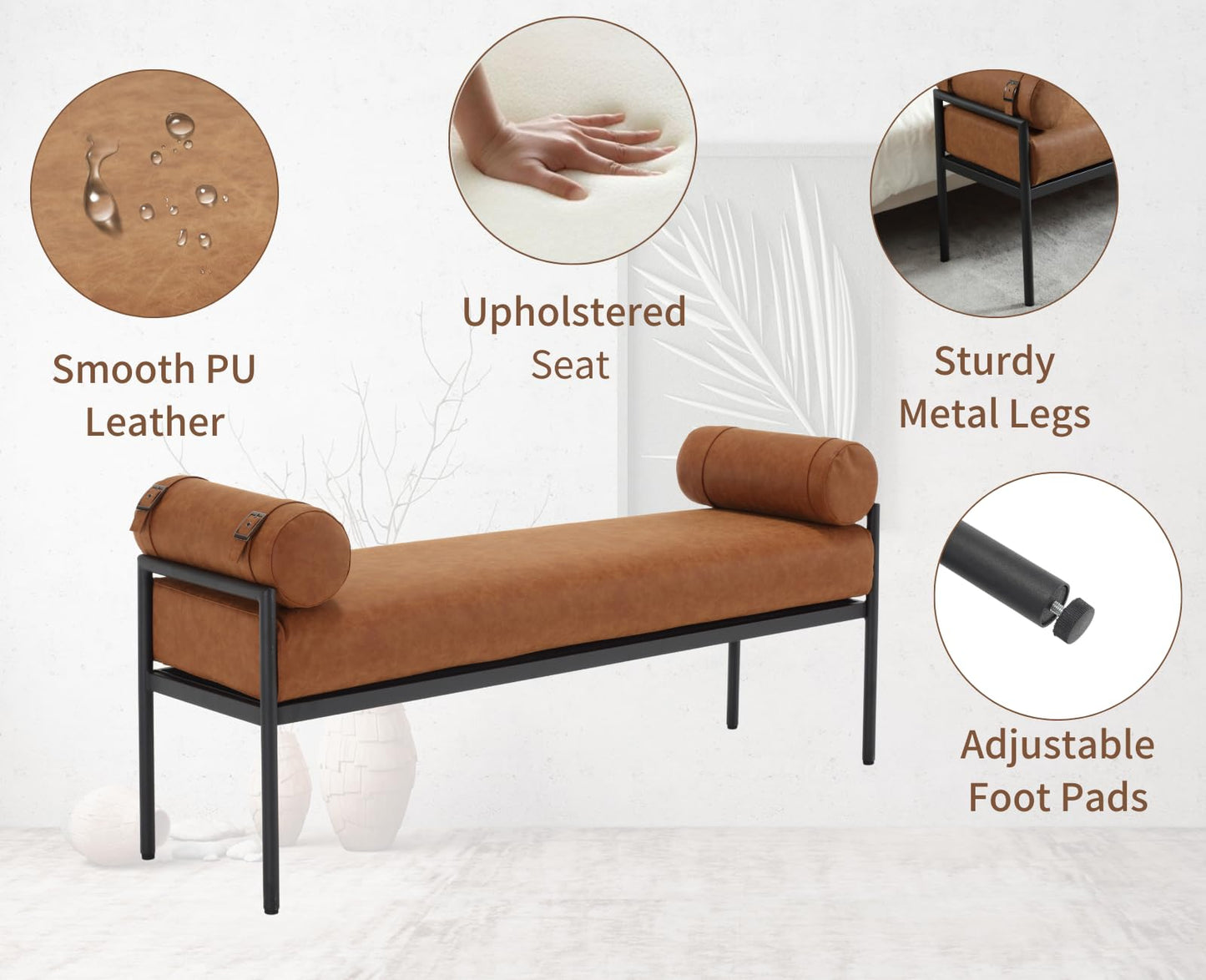 Shunzhi Brown Leather Modern End of Bed Bench Upholstered Entryway Bench with Detachable Cylindrical Pillows/Metal Legs PU Ottoman Bench for Living Room/Bedroom/Hallway/Corner, 55Inch