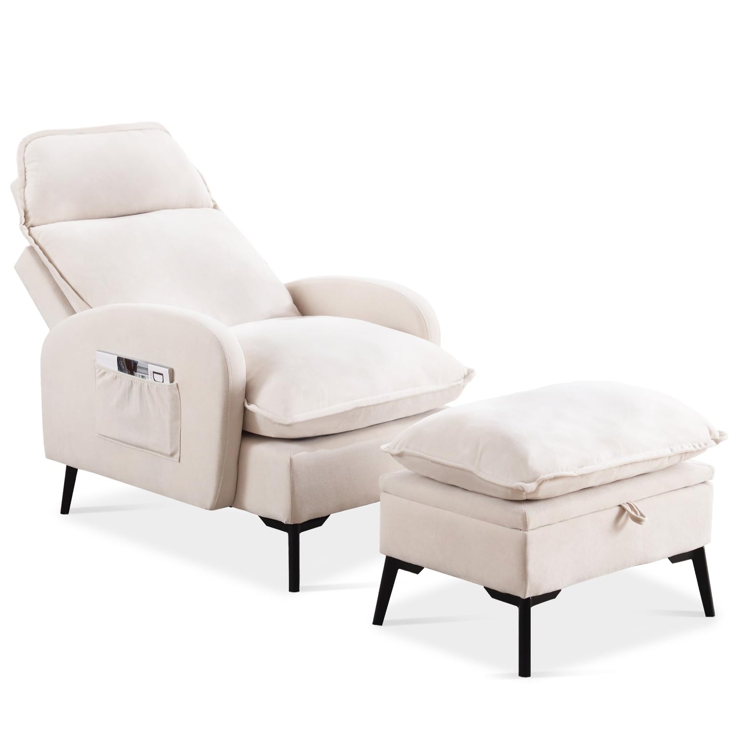 YUUIJOAA Accent Chair with Ottoman, Comfy Reading Chair and Ottoman Set, Modern Velvet Lounge Armchair with Storage and Adjustable Backrest for Living Room Bedroom, Cream