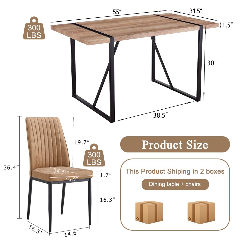 Btikita Dining Table Chairs Set for 4, Modern Rectangular Dining Room Table Set PU Leather Upholstered Dining Chairs 55" Dinner Table Set for Kitchen, Dining Room (Dining Table Set for 4, Brown)