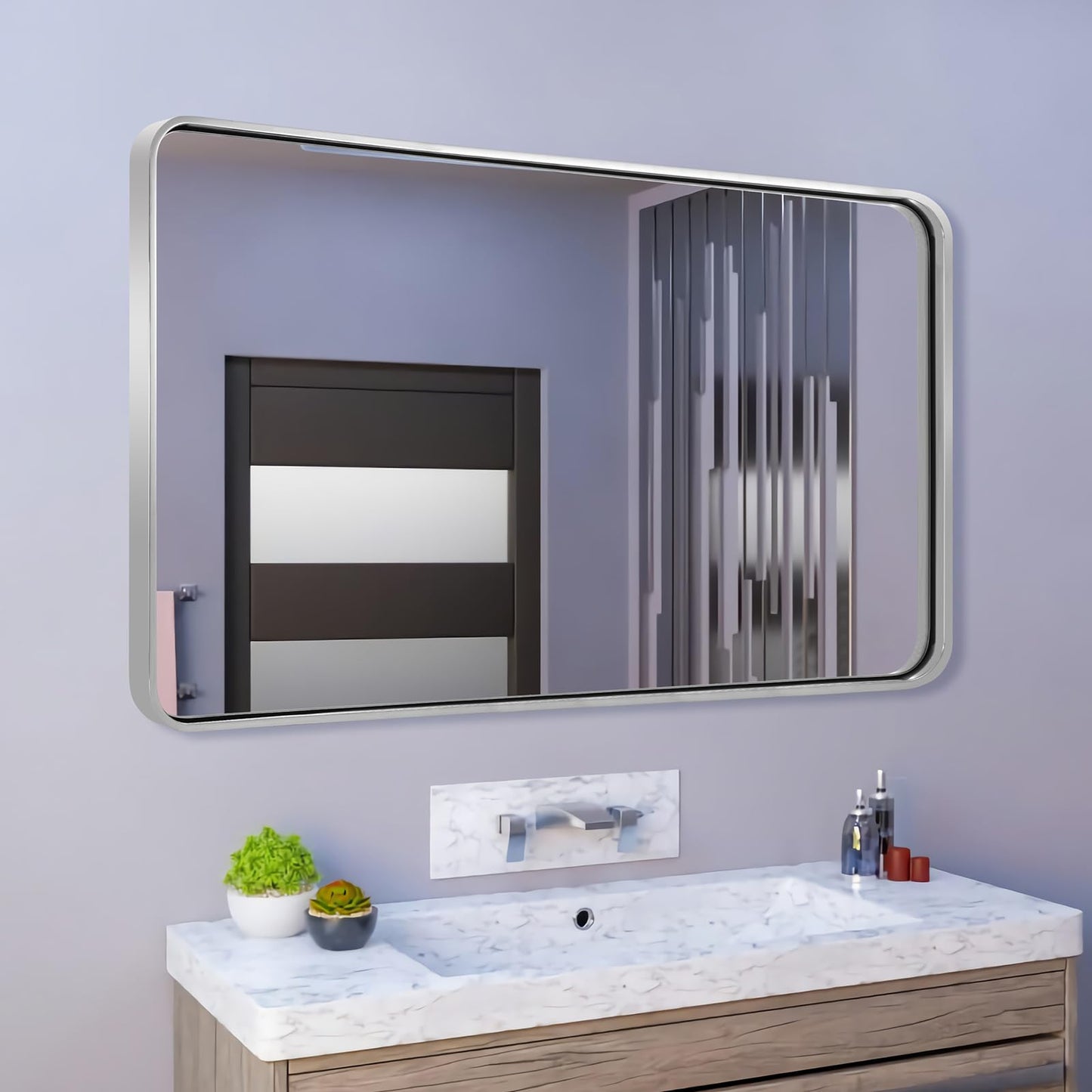 ANDY STAR 48”X30” Brushed Nickel Mirrors for Bathroom, Modern Rounded Rectangle Bathroom Vanity Mirror, SUS304-Anti-Rust Metal Frame Mirror, Wall Mounted Horizontal/Vertical 1’’ Deep