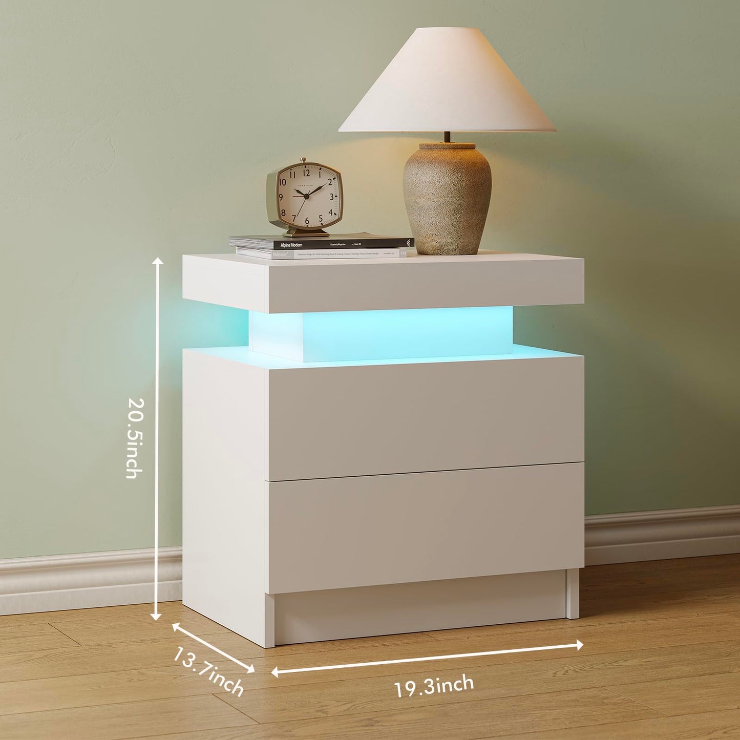 Cubehom Bedroom Night Stands White Nightstand Set of 2 LED Night Stand for Bedroom White Modern LED Bedside Table with 2 Drawers End Side Table
