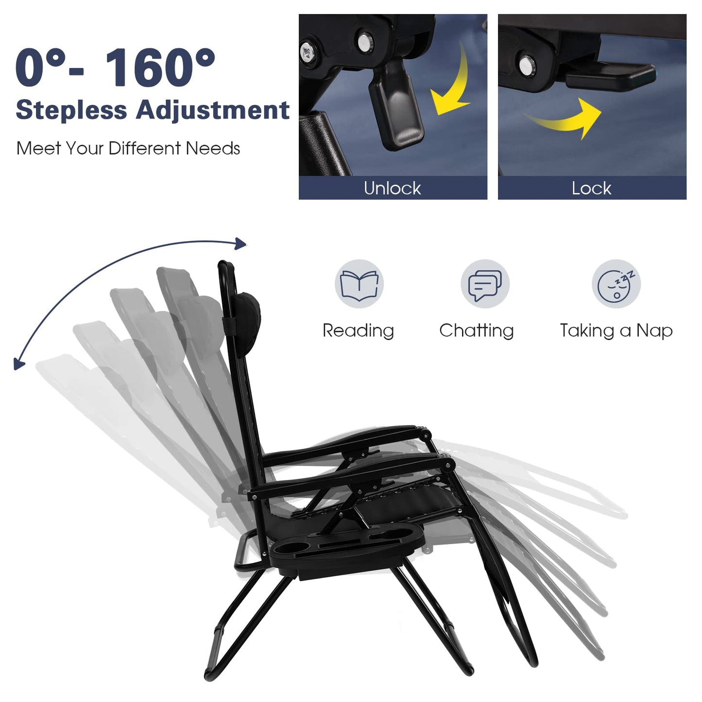 Goplus Zero Gravity Lounge Chairs, 160°Adjustable Folding Recliner w/Pillow and Cup Holder, 350LBS Comfy Outdoor Lounge Chairs for Patio, Lawn, Yard & Camp(Set of 2, Black)