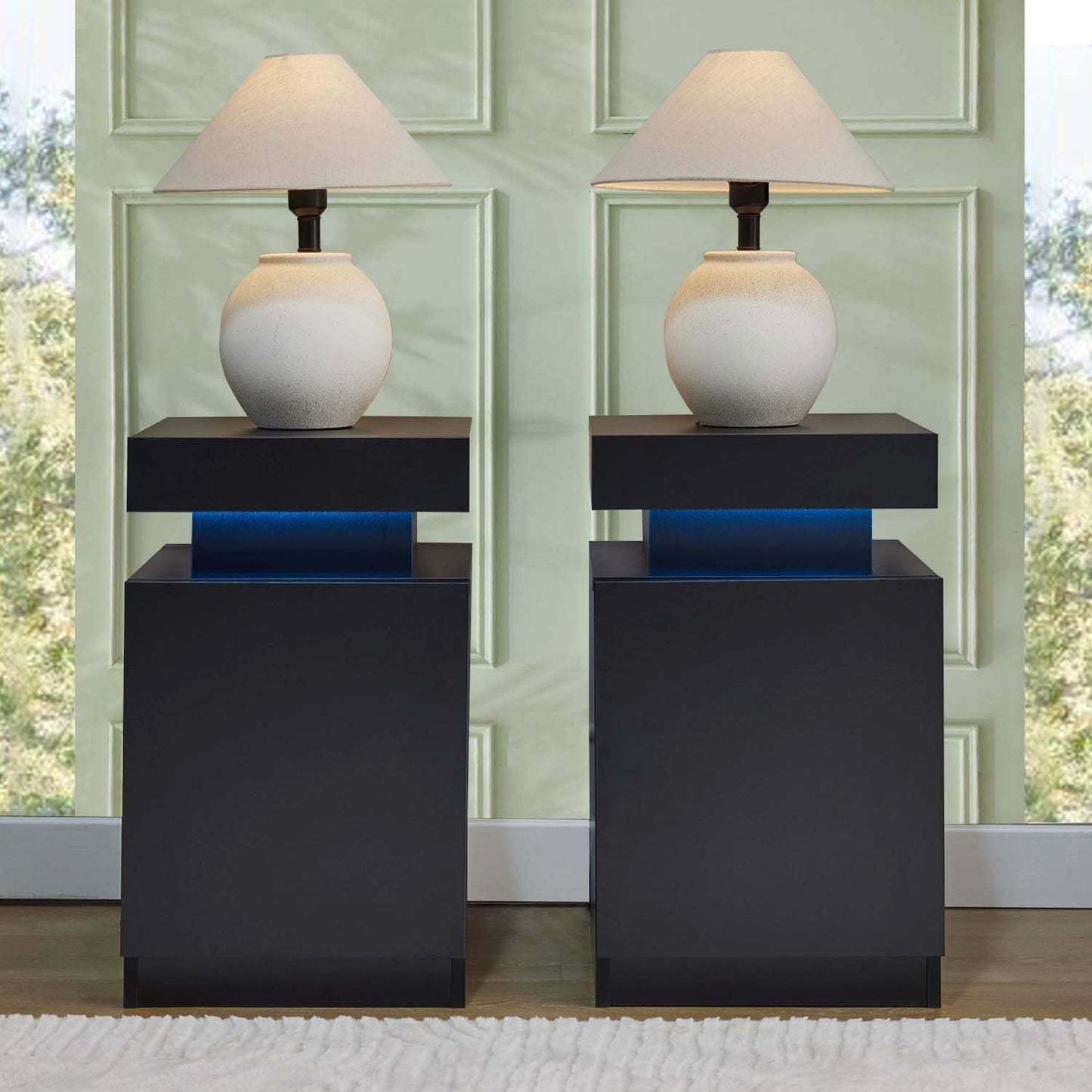 Hanamako Nightstand Set of 2, Bedside Table with LED Lights, Night Stands Set End Side Table with Cabinet Storage for Bedroom, Black