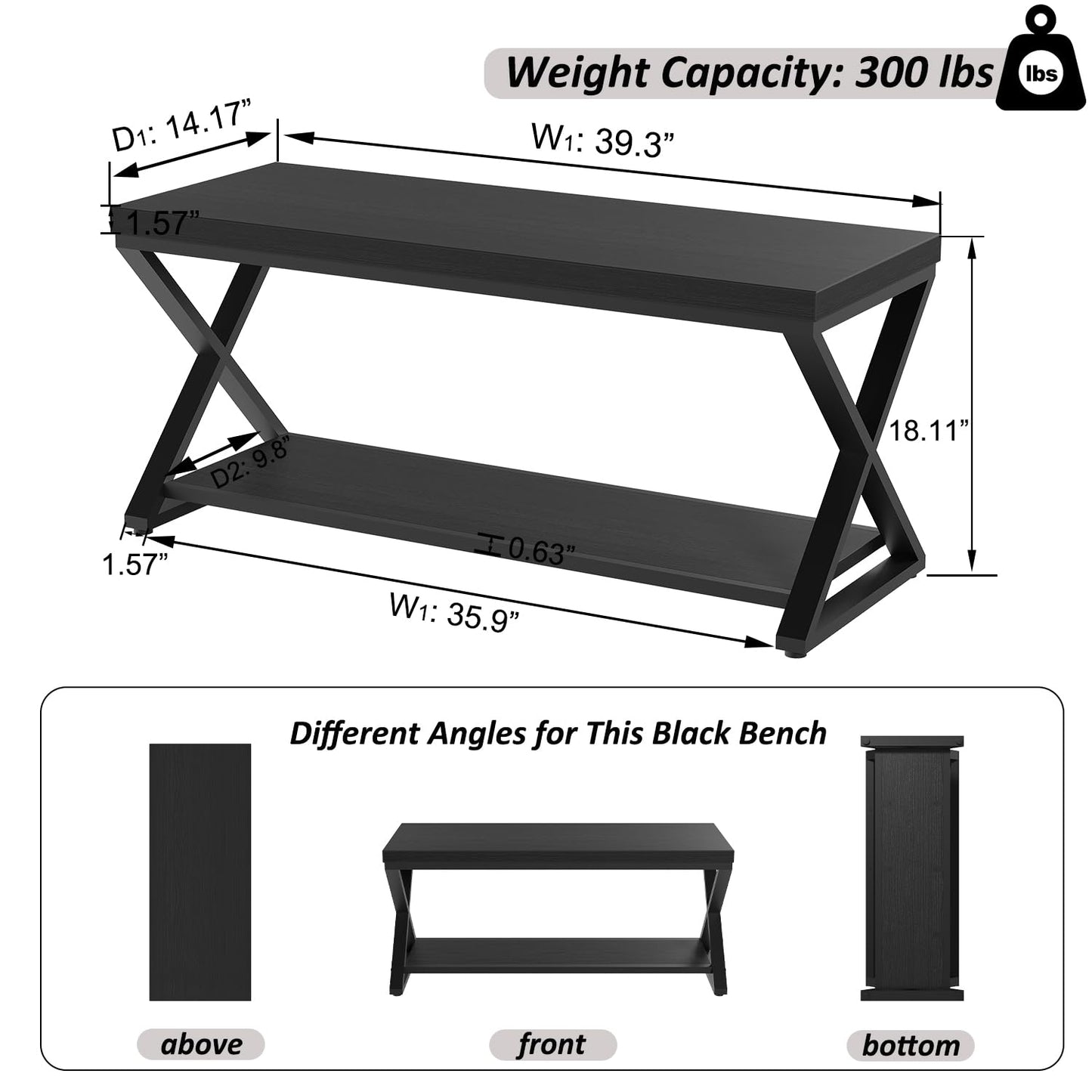 IBF Black Bench for Entryway, Black Modern Wood Bench for Bedroom Hallway Foyer, Farmhouse Entry Way Home Organizer Shoe Bench Seat with Storage Rack Indoor Under Window, 39 Inch Long