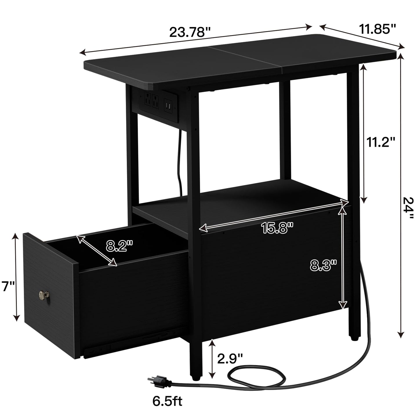 LIDYUK End Table with Charging Station, Narrow Side Table with Drawer and USB Ports & Power Outlets, Nightstand Bedside Tables for Small Spaces, Bedroom, Living Room, Black