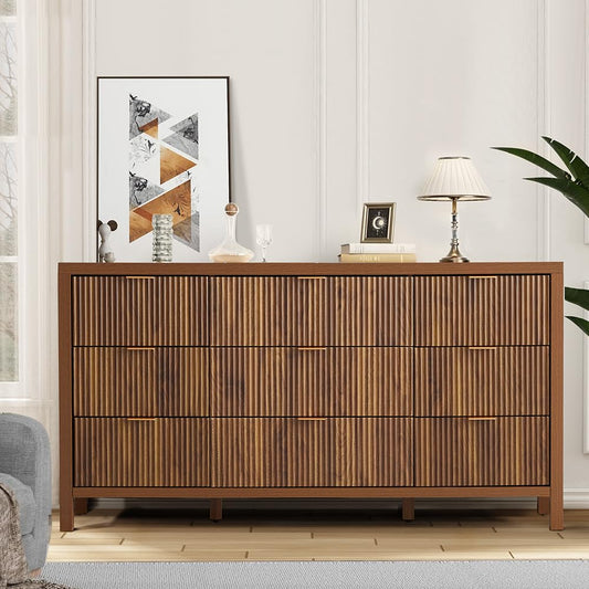 affeivul Mid Century Modern Dresser TV Stand, 9 Drawer Dresser for Bedroom Wood, Farmhouse Boho Storage Cabinet Side Table with Solid Natural Wood Legs, Long Wooden Nightstand for Closet (Walnut)