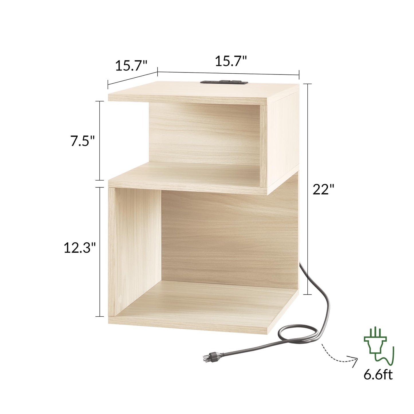 ODIKA Tokyo S Flip Minimalist 3 Tier End Table with Fast Charging Station - USB C Cable Wood Nightstand for Small Spaces with Open Storage Bedside Table for Bedroom (Reverse, Natural w/Charging)