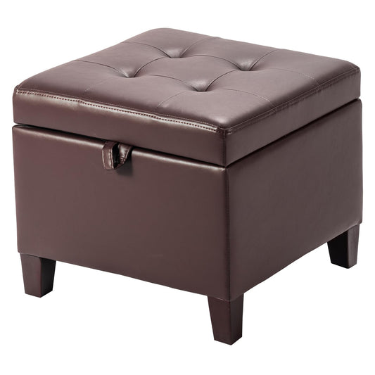 Asense 17 Inch Square Storage Ottoman,Small Foot Rest Stool for Couch, Faux Leather Upholstered Footstool Cube for Entryway Bedroom Living Room,Brown
