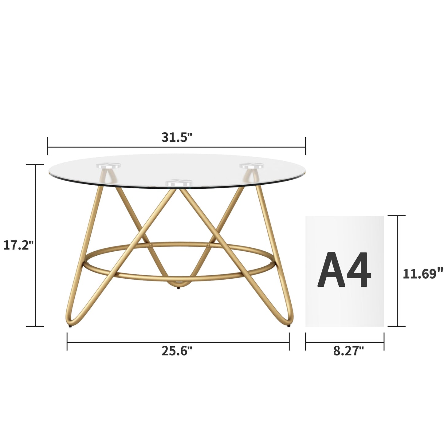 OIOG Round Coffee Table, Glass Coffee Table for Living Room, Bedroom, Home Office, Modern Coffee Table with Tempered Glass Tabletop, Gold