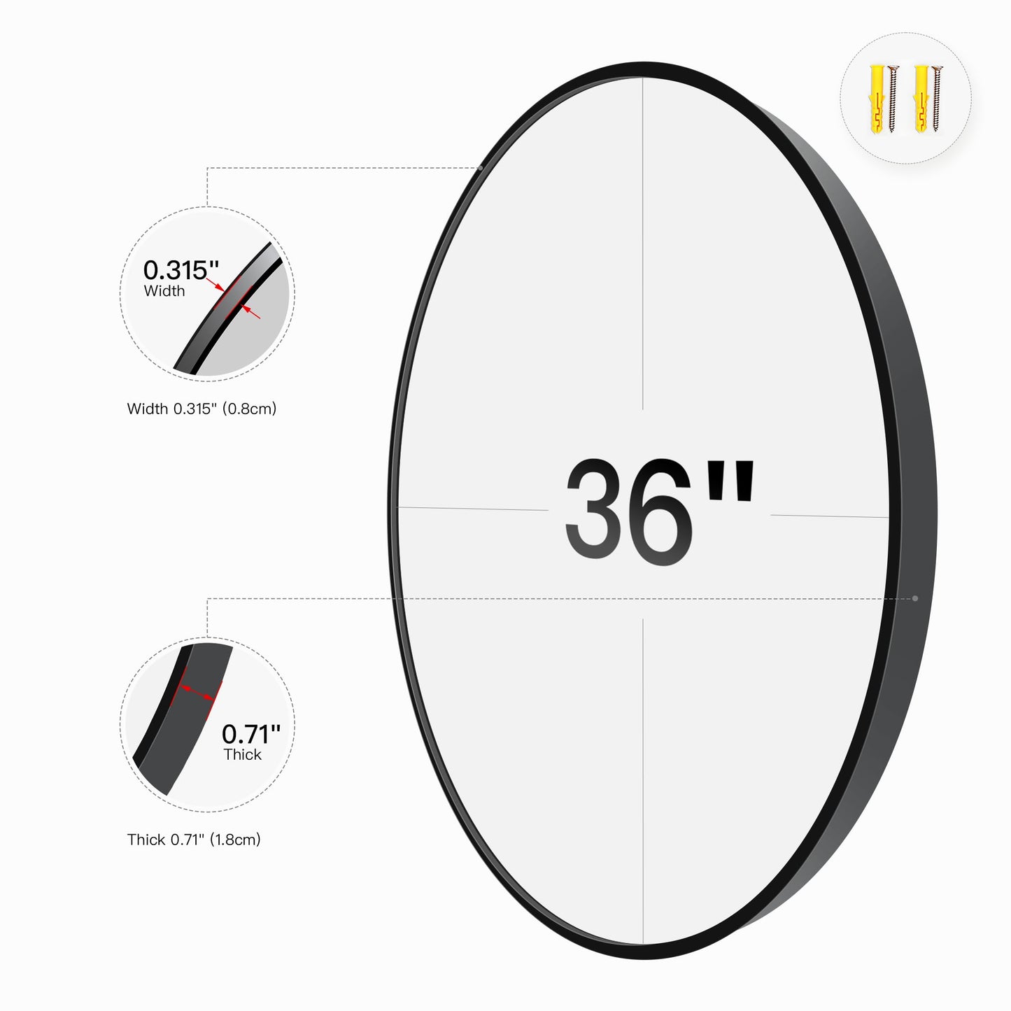 Koonmi 36" Black Circle Mirror Wall Mounted Round Mirror with Metal Frame for Bathroom/Living Room/Vanity/Bedroom