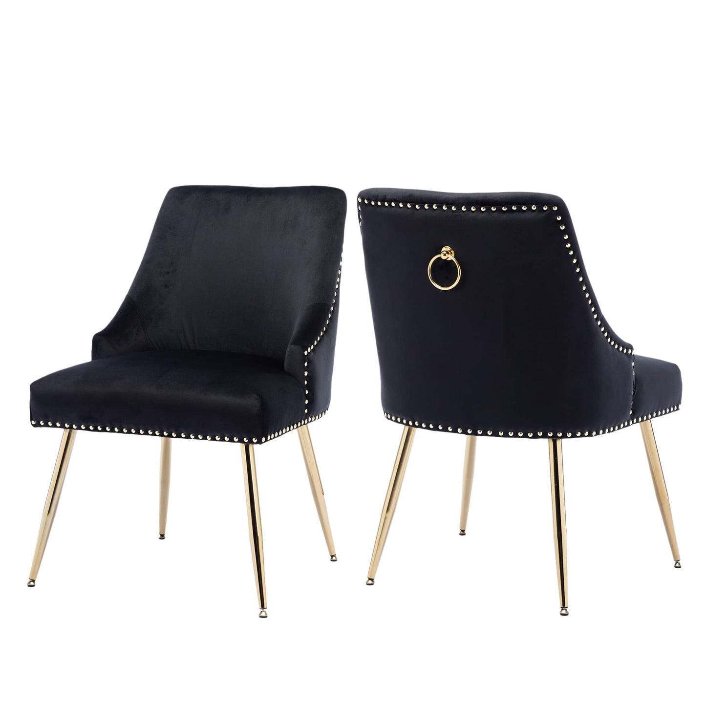 KCC Velvet Dining Room Chairs Set of 2 Nailhead Back Ring Pull Trim with Gold Legs for Kitchen Living Room(Black)