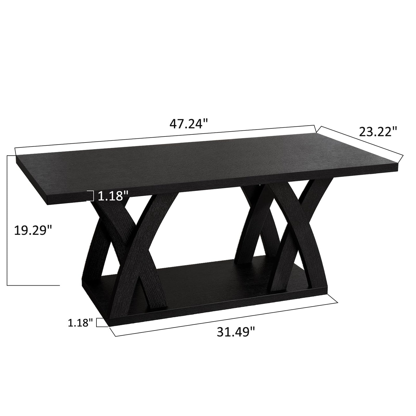 FROMJBEST Farmhouse Coffee Table with Shelf, Mordern CoffeeTable, Black Coffee Table Living Room, Living Room Tables,47” Black with Grey