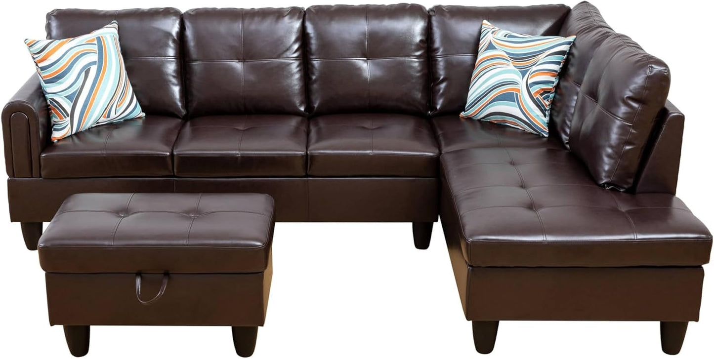 Modern L-Shaped Sectional Sofa with Chaise, High-Density Sponge Cushions, Light Gray (Leather)
