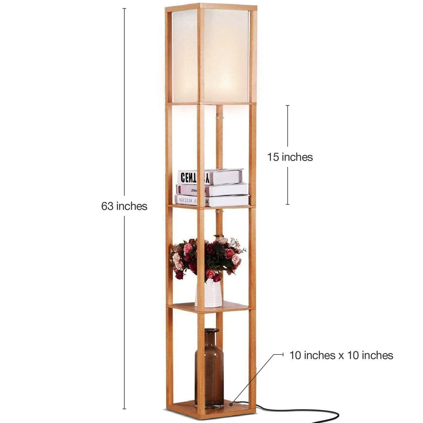 Brightech Maxwell - Modern Shelf Floor Lamp with Lamp Shade and LED Bulb - Corner Display Floor Lamps with Shelves for Living Room, Bedroom and Office - Natural Wood