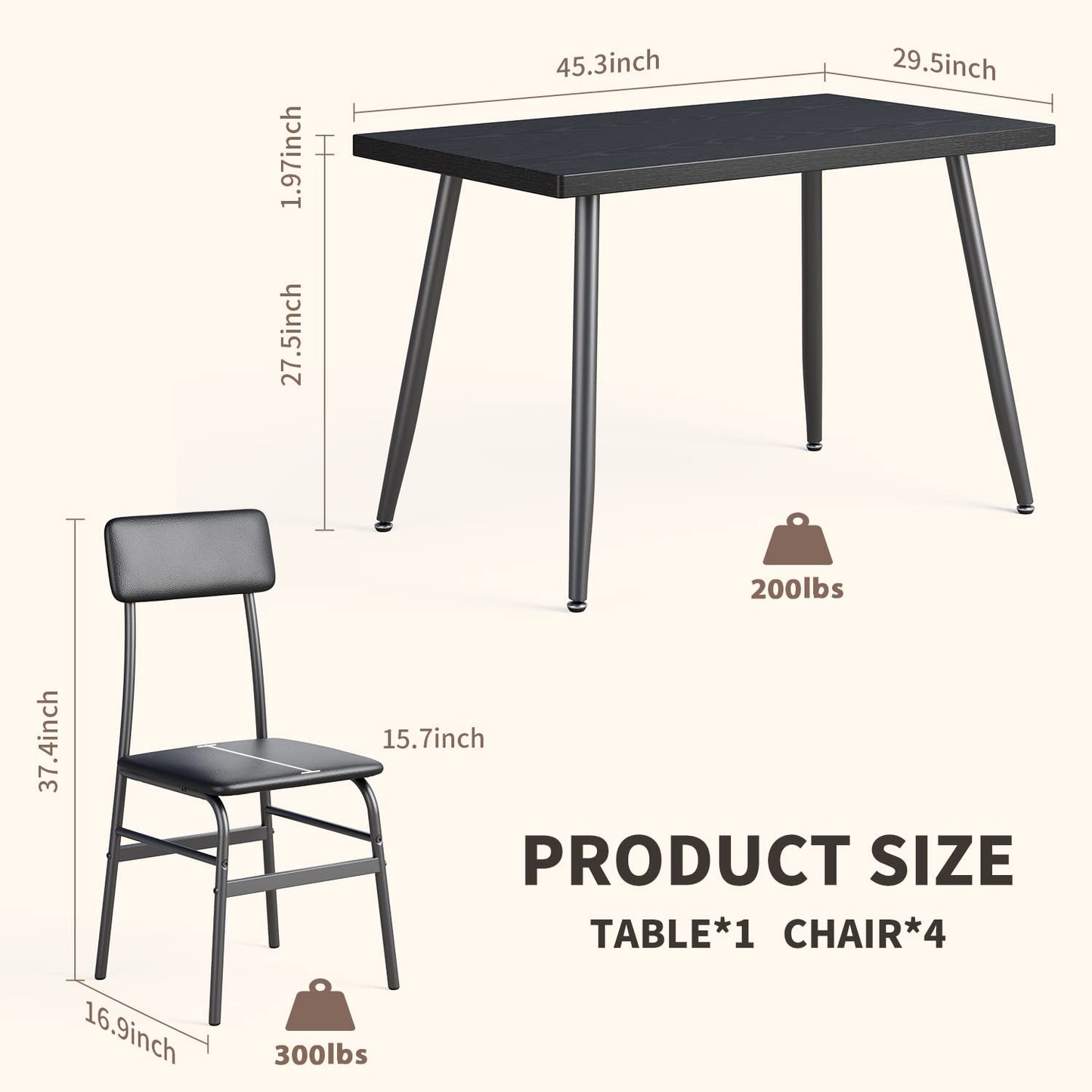 Gizoon 5 Piece Dining Table Set for 4, Modern Metal & Wood Kitchen Dinner Table with 4 Chairs, Space-Saving Dining Room Furniture Table & Chair Sets for Small Spaces & Apartment, Black