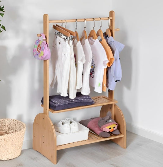 BAMBOOHOMIE Kids Clothing Rack With Adjustable Rods, Children Clothes Garment Rack for Baby Pet, Dress Up Rack With 2 Bottom Shelves, Wardrobe Closet for Toddlers Nursery