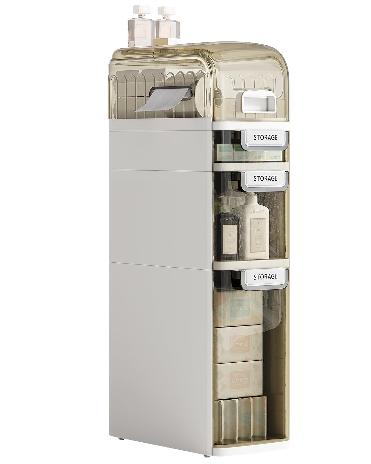 Seeday 3 Tier Slim Bathroom Storage Cabinet, Narrow Organizer with Wheels and Toilet Paper Holder, Waterproof, No Assembly Required, Perfect for Small Spaces in Bathroom, Kitchen and Bedroom