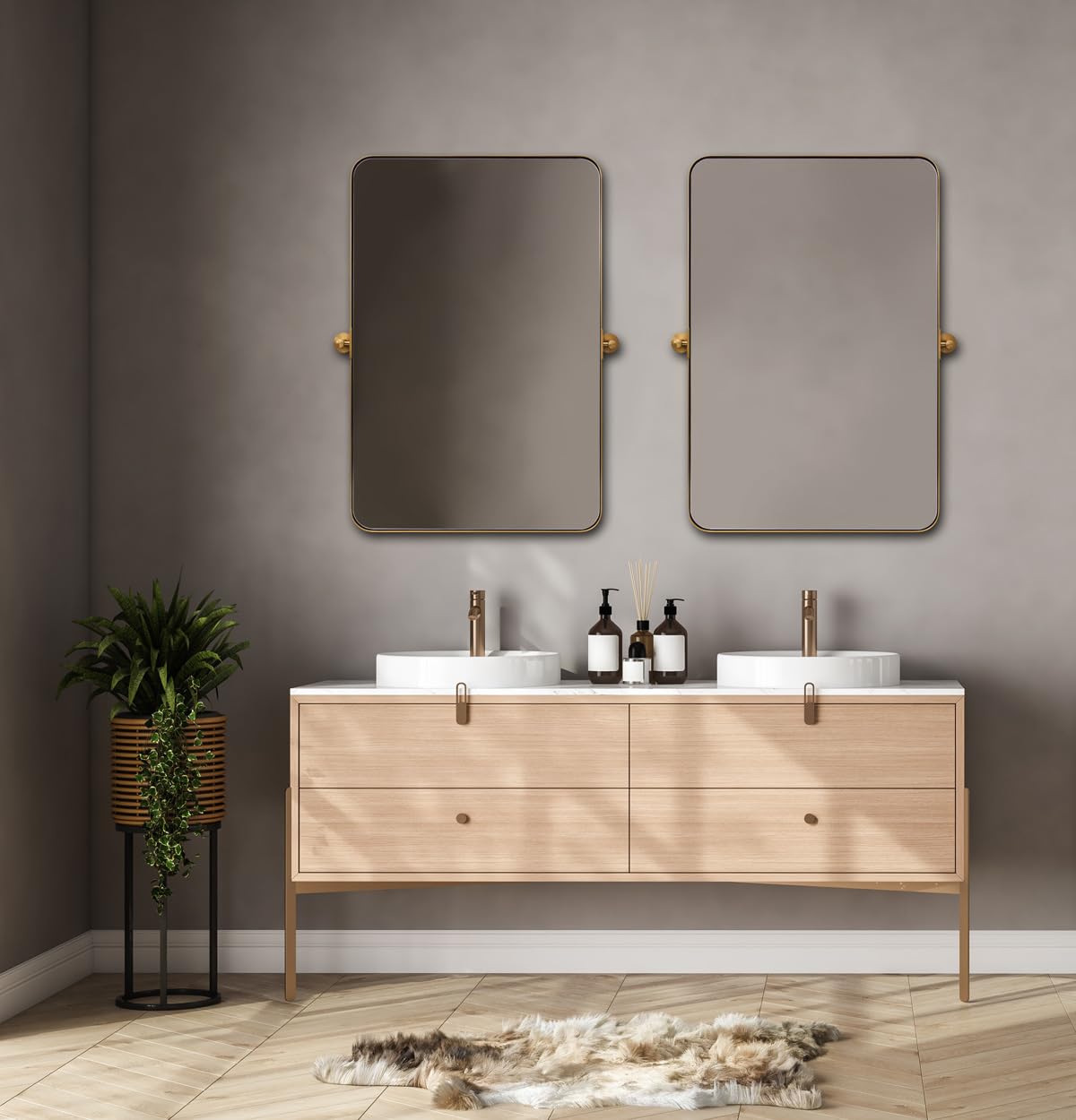 ANDY STAR 20"x30" Brushed Gold Pivot Mirror for Bathroom, Brass Metal Frame Bathroom Mirrors for Wall，Rectangle Titling Vanity Wall Mirror with Rounded Corner Design Hangs Vertically Only