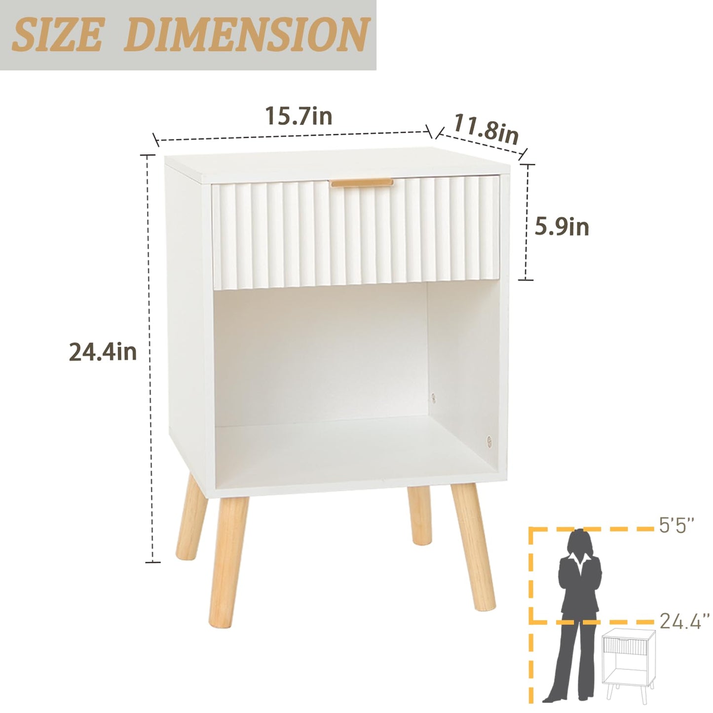 Fultyle White Nightstand, Modern Bedside Table with Drawer and Opening Storage, Fluted End Side Table Living Room with Solid Wood Legs for Bedroom (White)