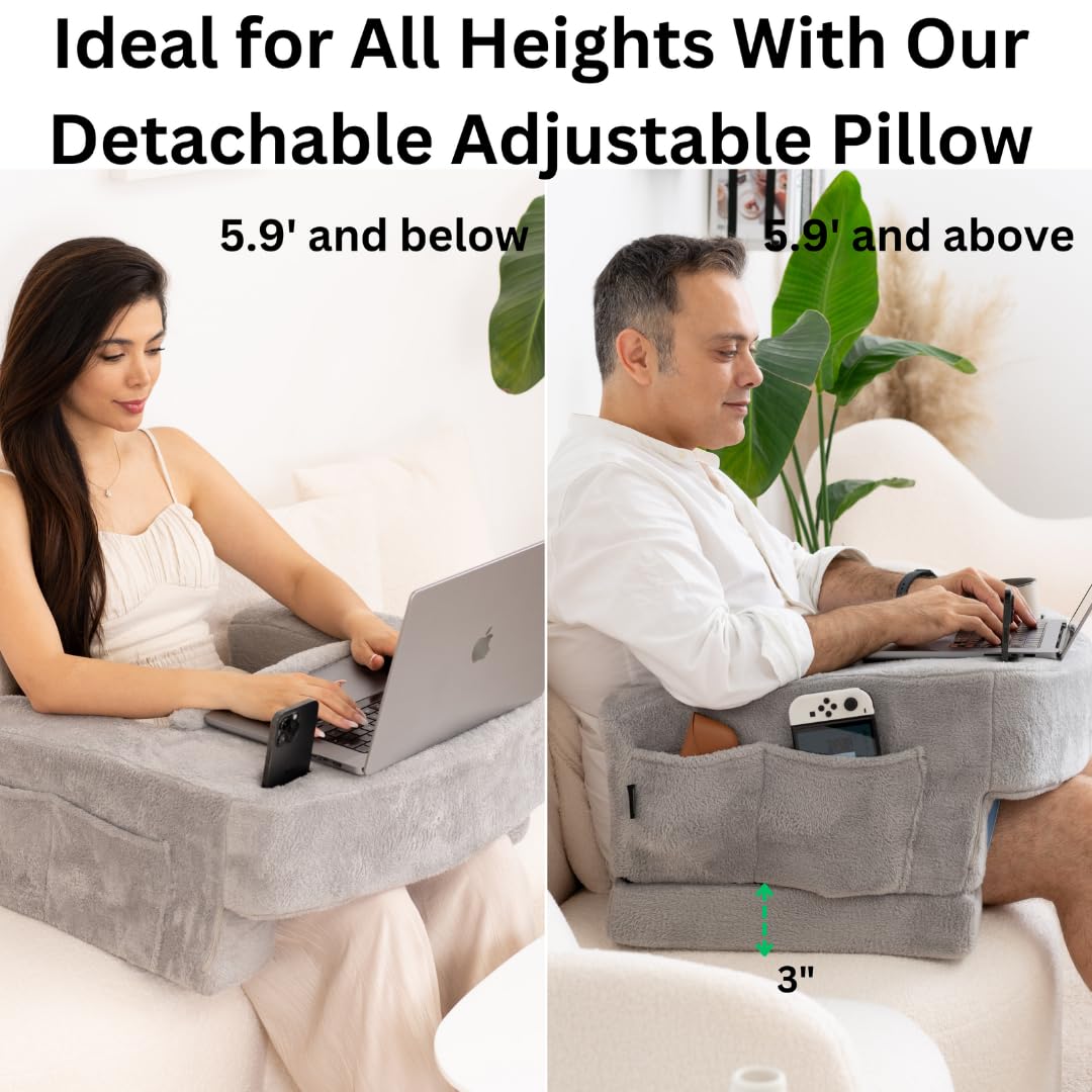 Reading Pillow for Gaming – Extra Large Lap Desk & Arm Rest with Cup & Phone Holder, Adjustable Heights, Laptop Support, Large Pockets – Comfortable for Work, Gaming & Crocheting (Furry Grey)