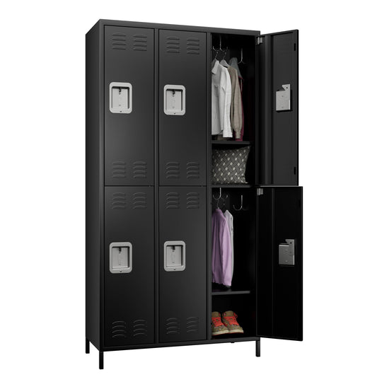 Aobabo Metal Locker for Employees, 6 Doors Metal Locker Cabinet with Lock, Industrial Storage with 18 Hooks, Storage for Office Gym, Dormitory, Assembly Required, Black