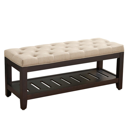 adochr Linen Large Rectangular Ottoman with Storage, Upholstered Entryway Bench for Living Room, Oversized Button Tufted Ottoman with Wood Shelf Storage, Light Brown