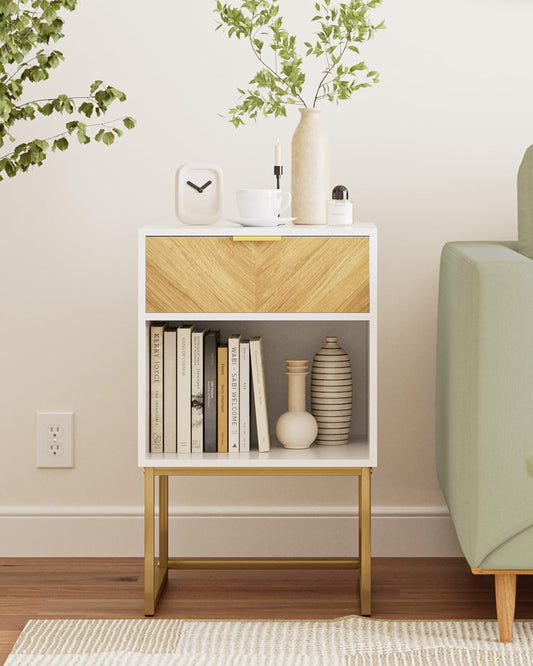 Apetaccat Nightstand,Modern Night Stand Boho Farmhouse Wood Bedside Table with Storage Drawer and Open Shelf,Side End Table for Bedroom,Living Room,White