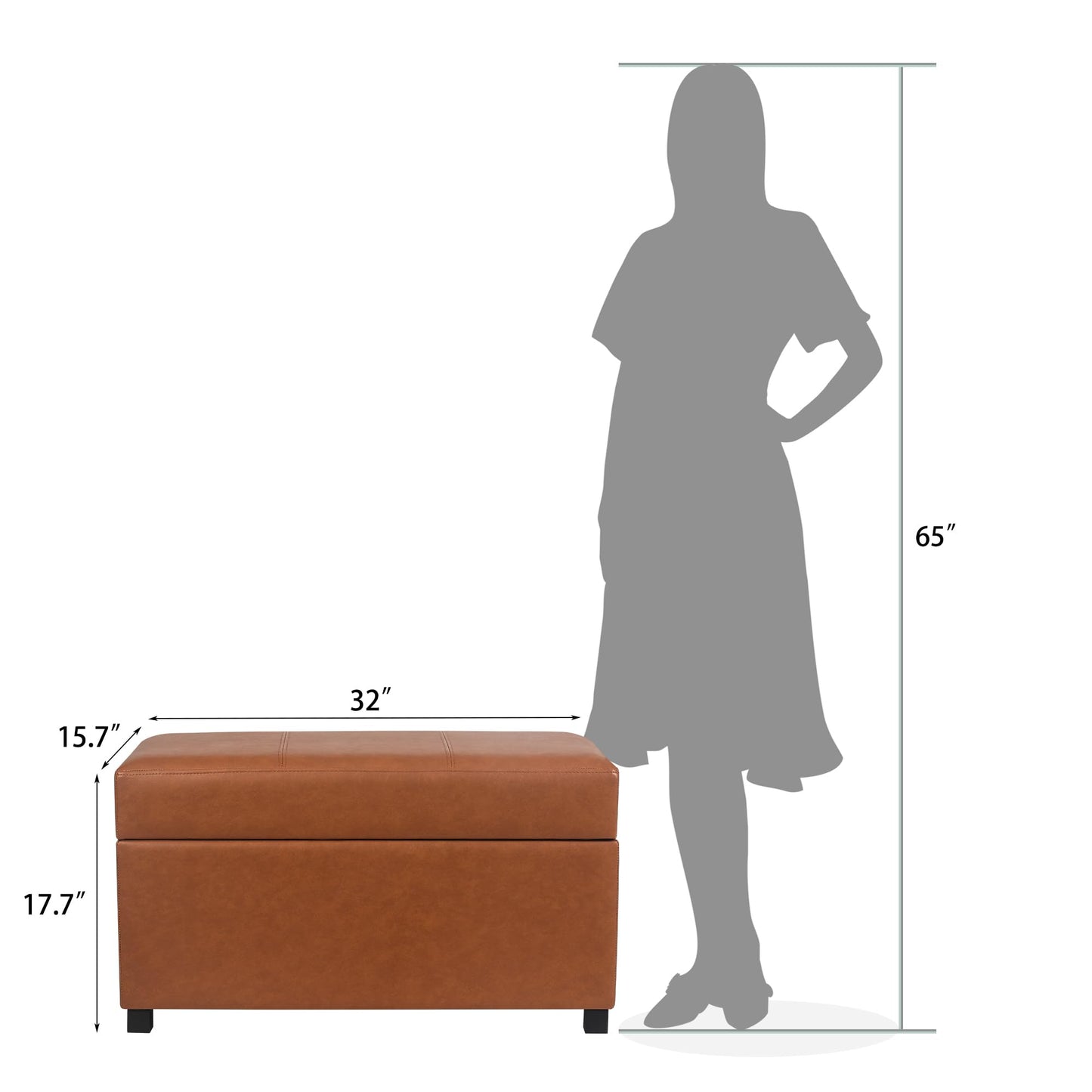 Joveco 32" Leather Storage Ottoman Bench, Rectangle Foot Rest Stool for Living Room, Bedroom, Entryway, Cognac Brown