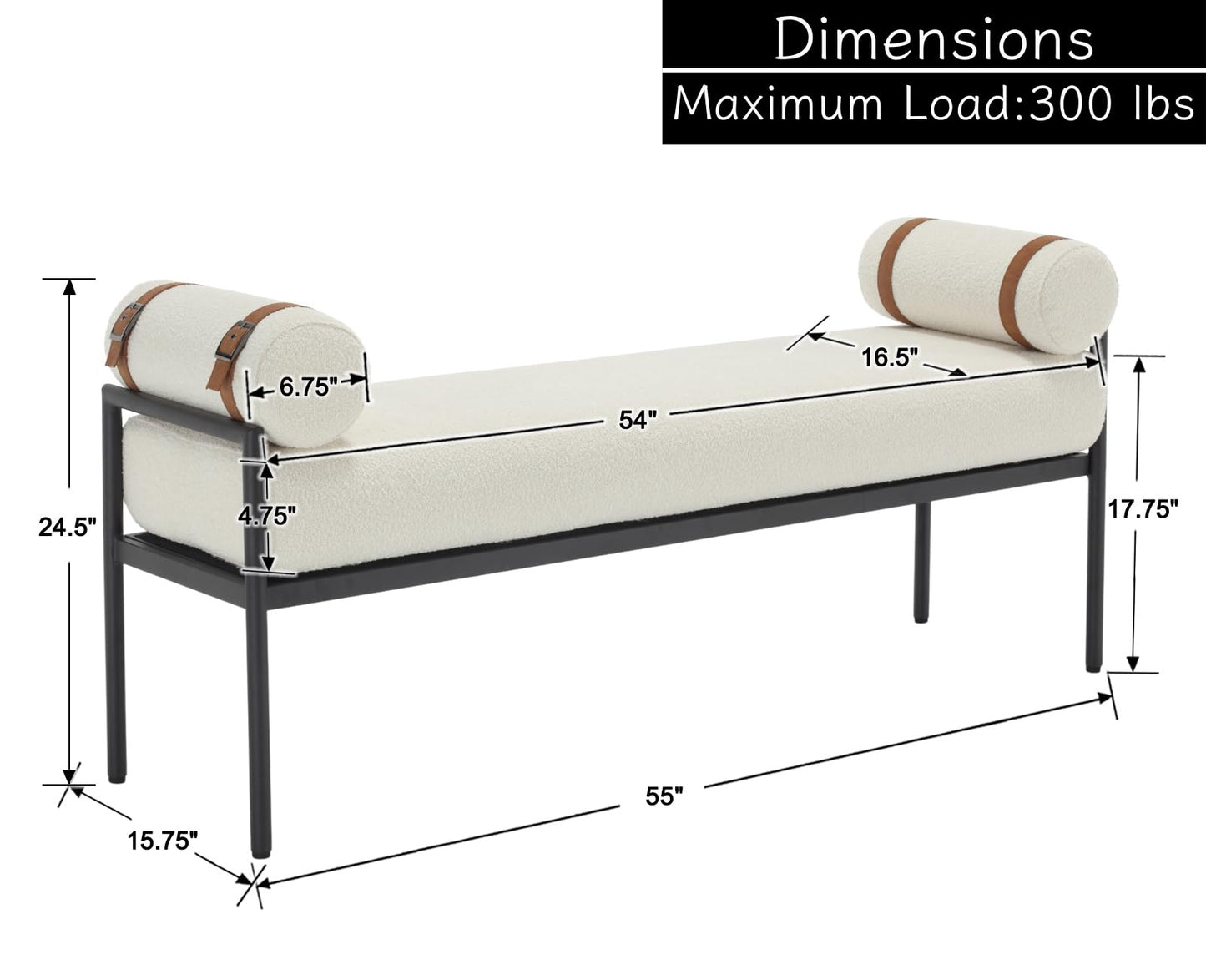Shunzhi White Sherpa Modern End of Bed Bench Upholstered Entryway Bench with Detachable Cylindrical Pillows/Metal Legs Boucle Ottoman Bench for Living Room/Bedroom/Hallway/Corner, 55Inch