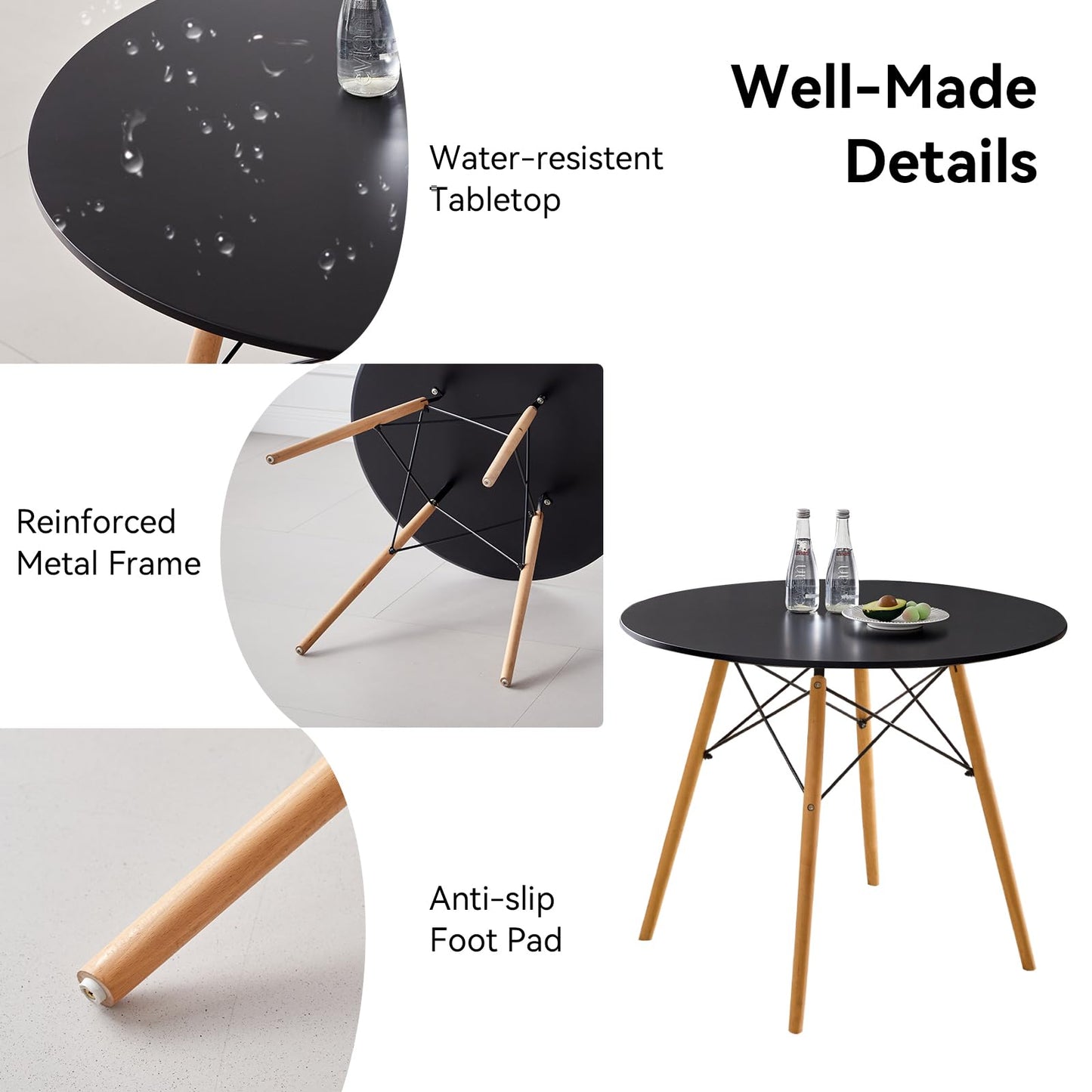 Lecafur HL 5-Piece 35.5" Round Dining Table Set, Small Kitchen Table Chairs Set of 4 Plastic Seats, Solid Wood Legs, Space Saving Furniture for Living Room Apartment Office Home, Black