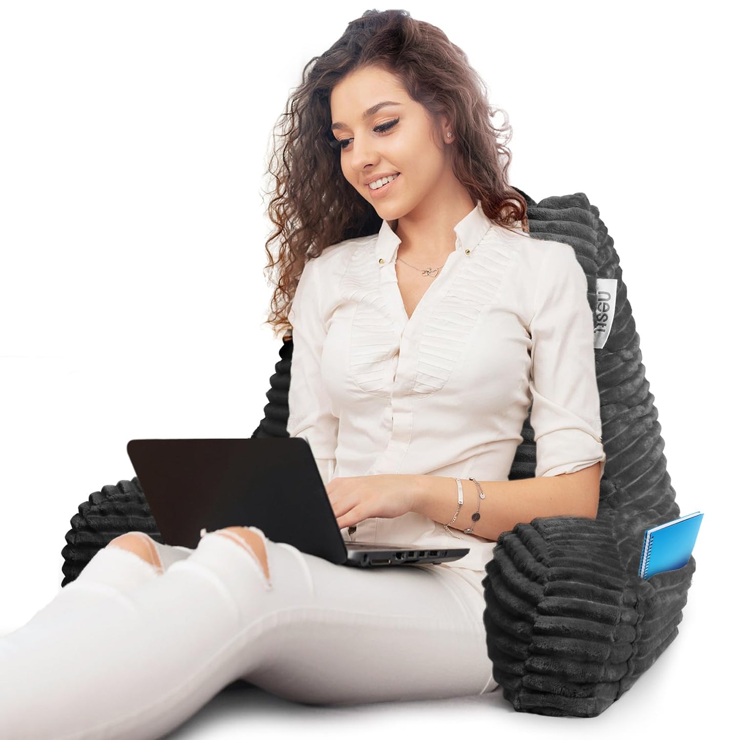 Nestl Reading Pillow with Shredded Memory Foam, Luxe Cut Plush Back Pillow for Sitting Up in Bed, Back and Arms Adjustable Support for Adult & Teens, Backrest Pillows with Washable Cover Dark Grey