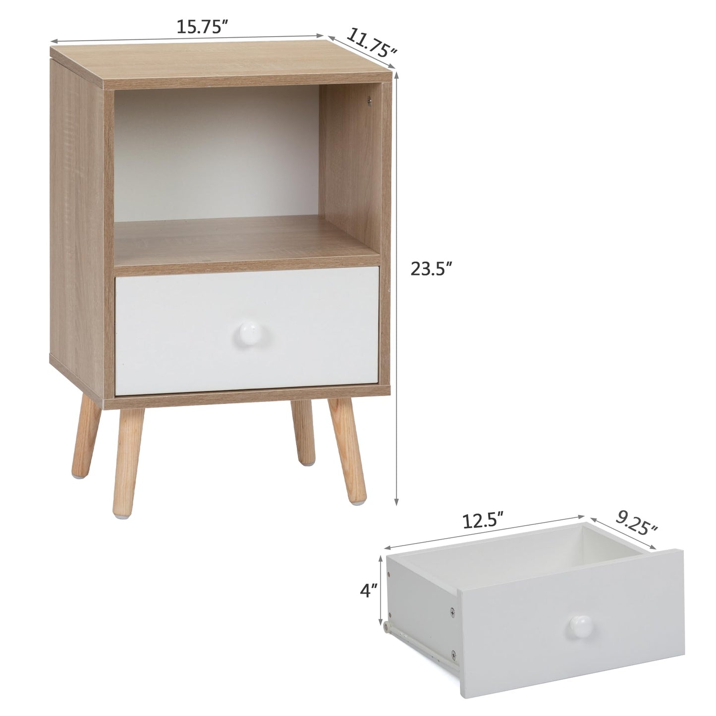 JAXPETY Nightstands Set of 2, Night Stand with Drawer and Open Storage Shelf, Bedside Tables with Solid Wood Legs, End Table, Side Table, for Bedroom(2-Pack, Natural)