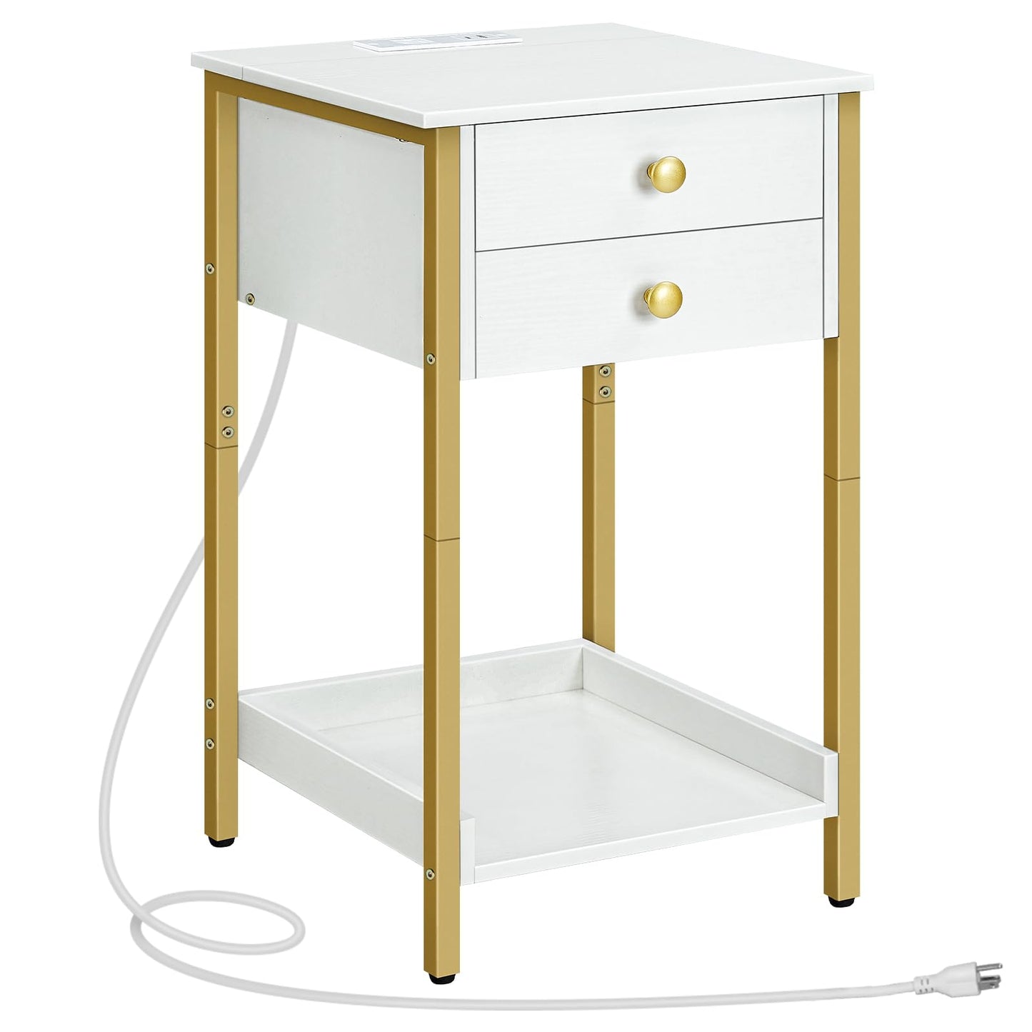 HOOBRO End Table with Charging Station, Tall Nightstand with Storage Drawer, Small Side Table with Gold Frame, 26.2 Inch Telephone Entryway Table for Bedroom, Hallway White and Gold DW72UBZ01