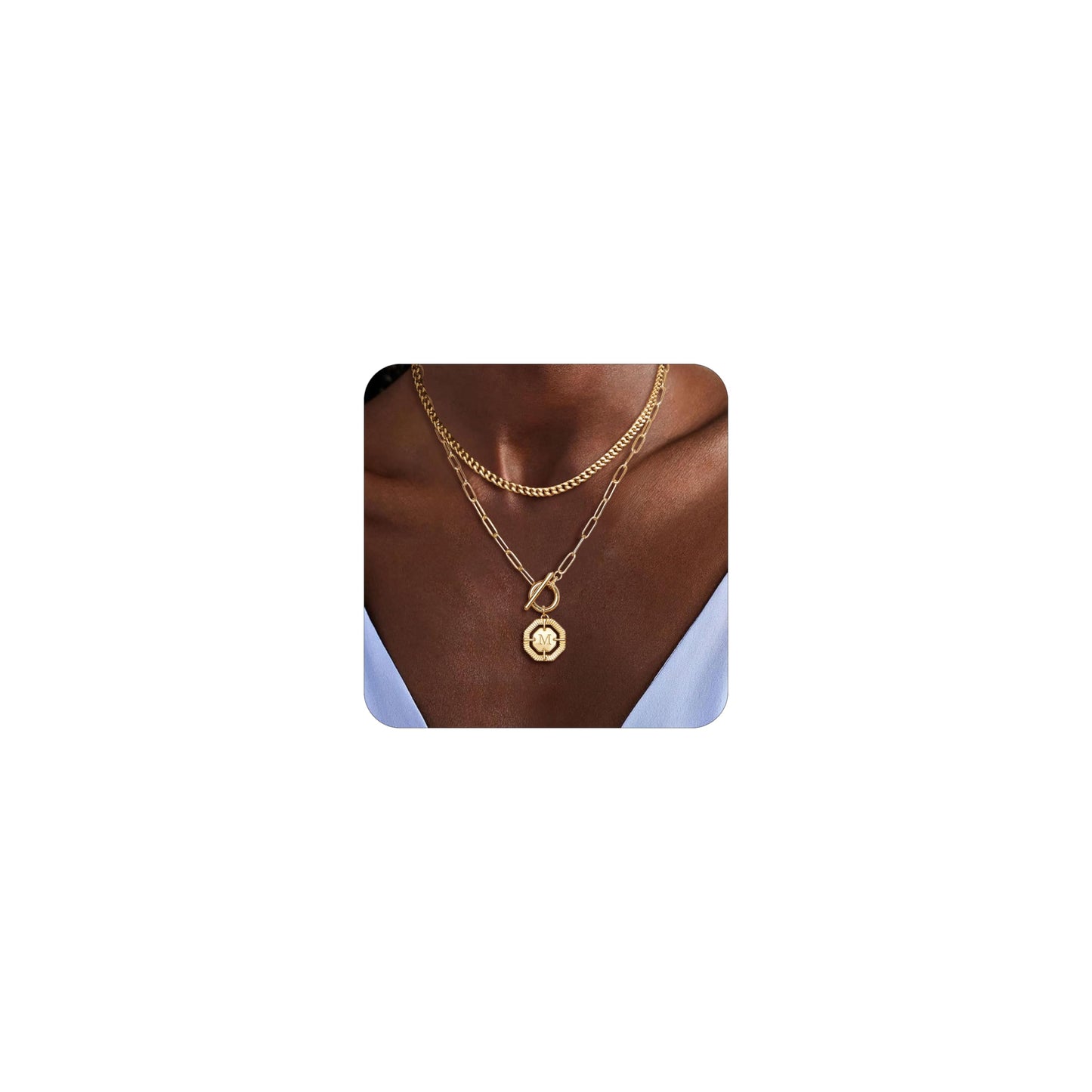 Layered Initial Necklaces for Women 14K Gold Plated Stackable Chunky Cuban Chain Choker Necklace Coin Letter Pendant Necklace Personalized Name Necklaces for Women Trendy Gold Jewelry Gift for Her