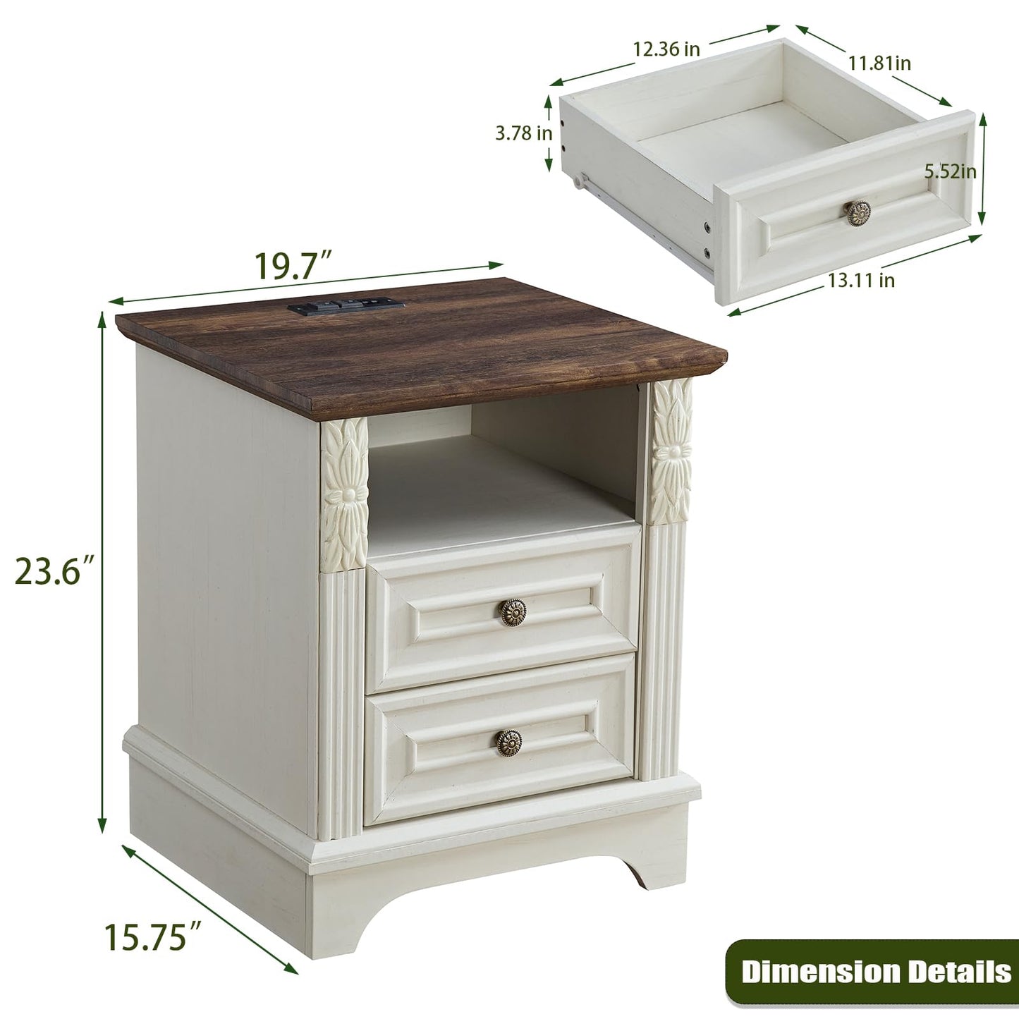 BLANKSPACE Nightstand with Charging Station, Farmhouse End Side Table, Smart LED Night Stand,Bedside Cabinet for Bedroom, Living Room (Antique White)