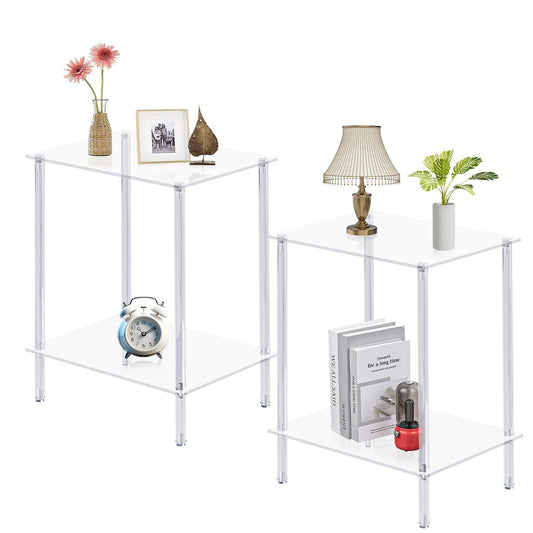 Acrylic Glass Side Tables with 2 Shelve End Table Bedside Set of 2, simplicity Nightstands for small Spaces, 2-Tier Tempered Glass for Office Bedroom Living Room Study Outdoor Transparent ET-008TR