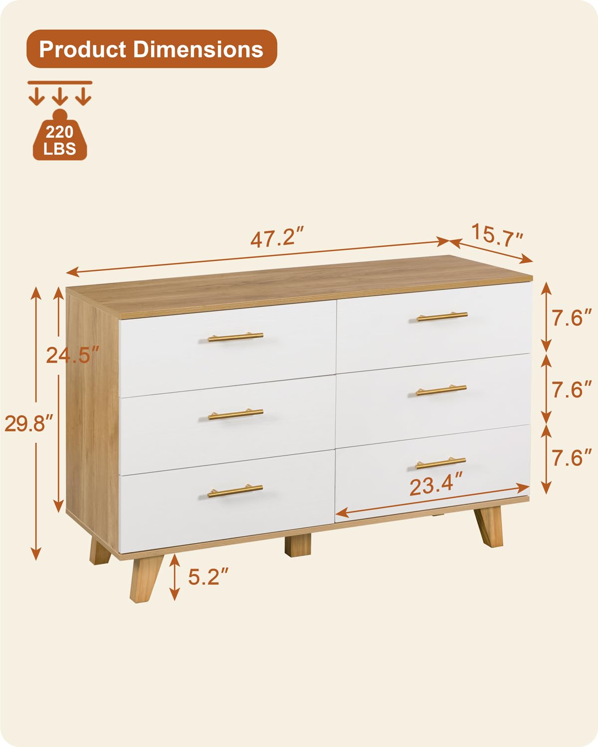 ALINE FURNITURE 6 Drawer Dresser, 48" Wide White Dresser Chest, Solid Pine Wood Dressers for Bedroom