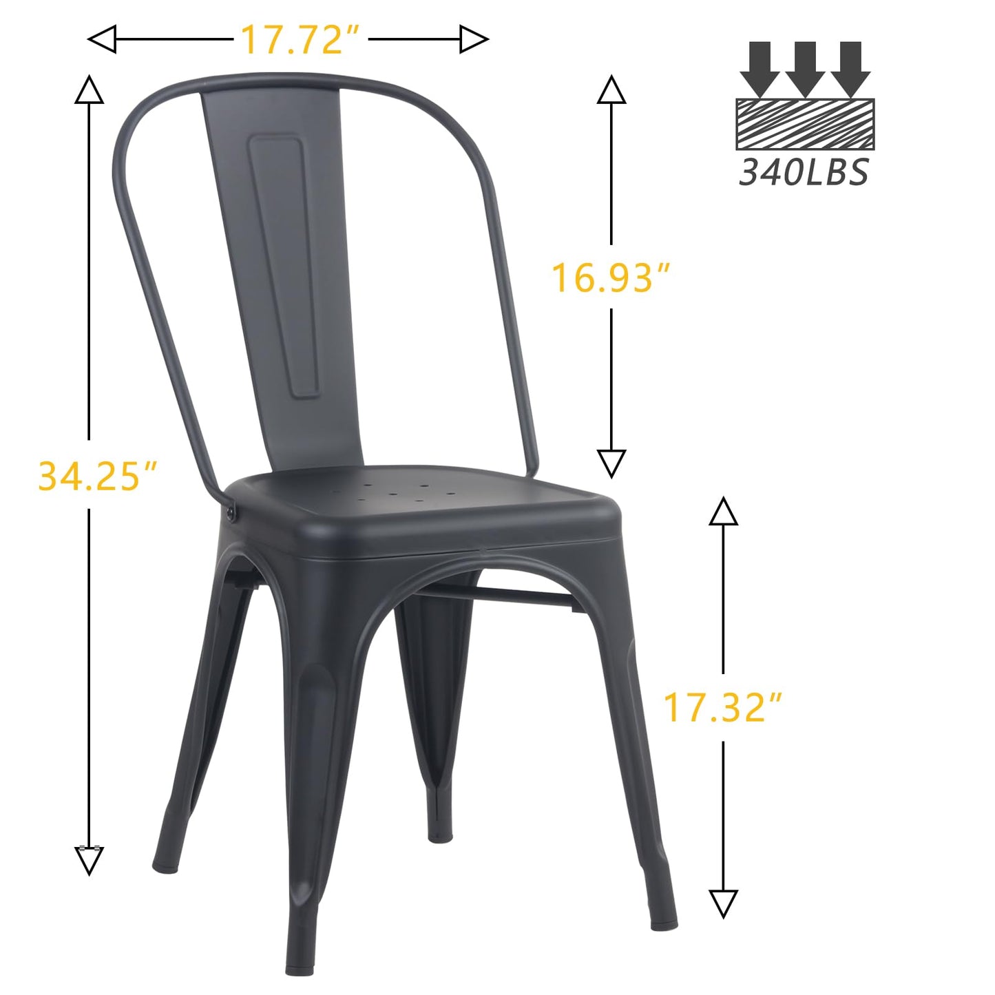 YOUNIKE Metal Dining Chairs Set of 4 Iron Stackable Removable Back Cafe Side Patio Chairs Rubber Feet Stylish Modern Indoor Outdoor Classic Chic Industrial Vintage Bistro Kitchen Matte Black