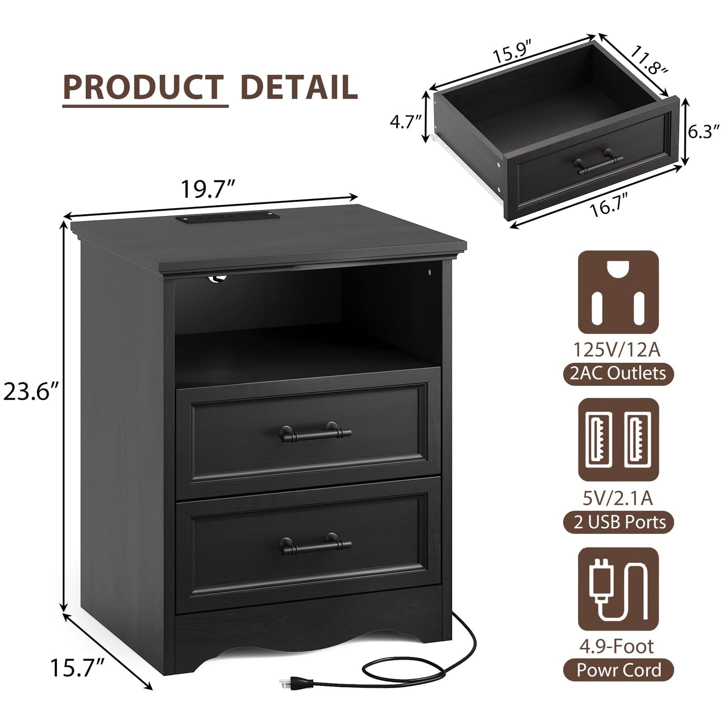 Black Nightstand with Charging Station, Farmhouse End Table with 2 Drawers, Bedside Table with Space-Saving Storage Cabinet, Unique Base Design for Bedroom & Living Room