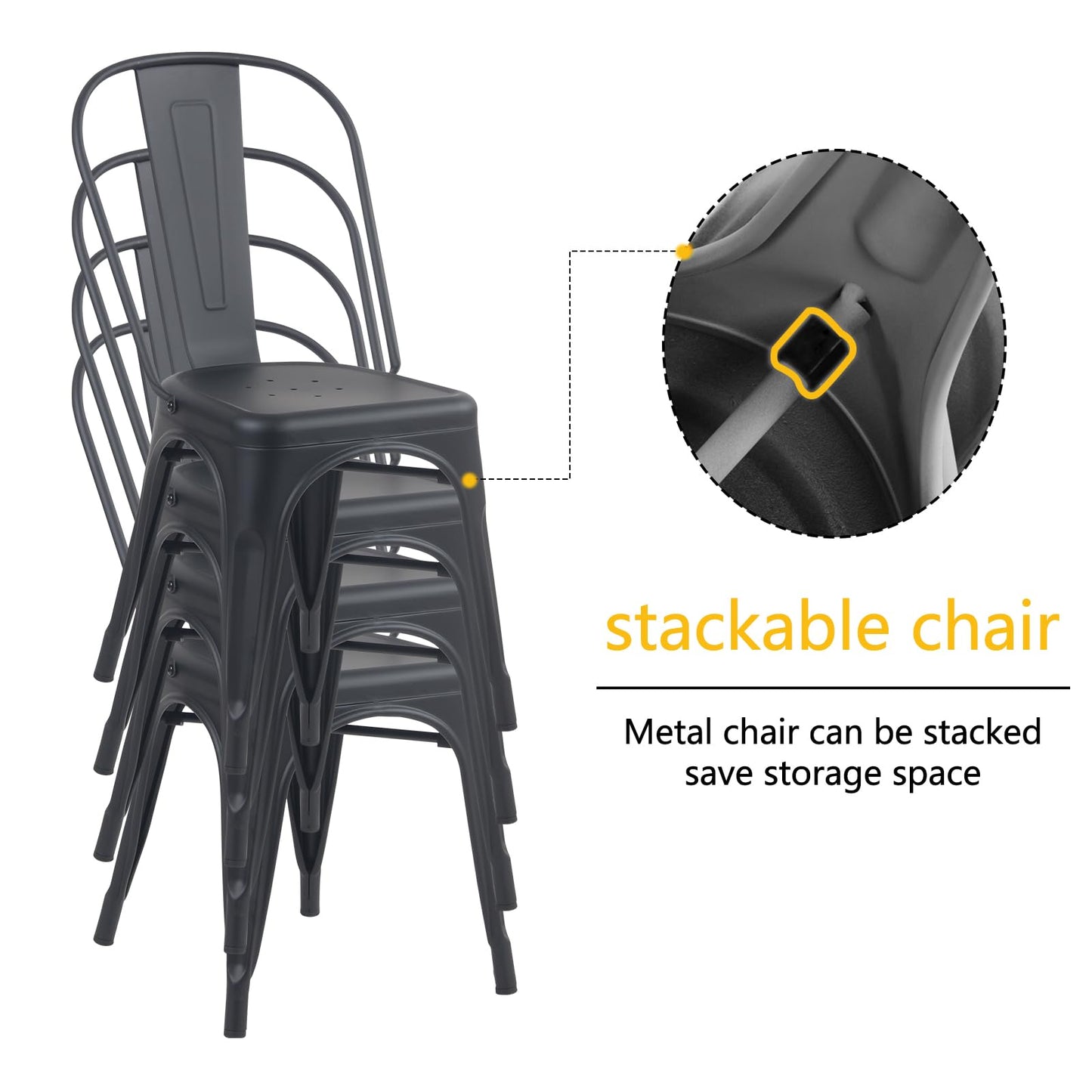 YOUNIKE Metal Dining Chairs Set of 4 Iron Stackable Removable Back Cafe Side Patio Chairs Rubber Feet Stylish Modern Indoor Outdoor Classic Chic Industrial Vintage Bistro Kitchen Matte Black
