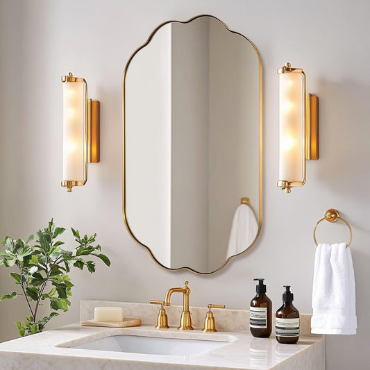 ANDY STAR Scalloped Bathroom Mirror, 24x36 Inch Brushed Gold Vanity Mirror in Stainless Steel Metal Frame, Unique Oval Mirror with Modern Curved Edge Design, Ideal for Bathroom, Bedroom, Entryway