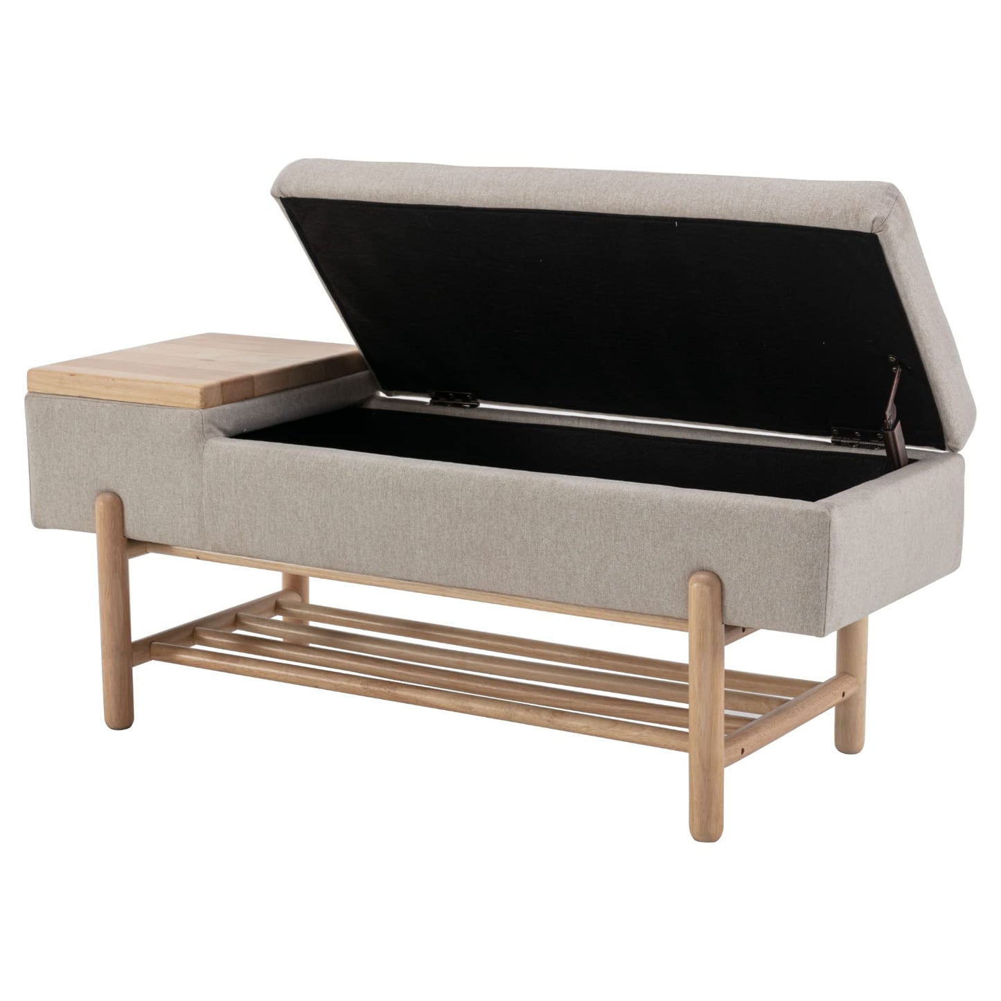 ROCITY Linen Fabric Bench for Bedroom End of Bed Beige Upholstered Storage Ottoman Bench with Cushion Seating for Living Room Entryway, Wood Legs
