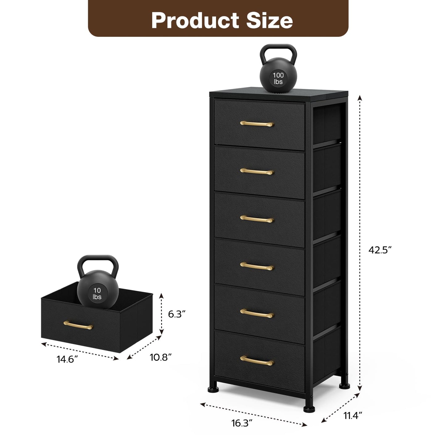 AOVSA Tall Dresser with 6 Drawers, Chest of Drawers with Fabric Bins, Storage Organizer Tower with Wood Top & Steel Frame for Bedroom, Living Room and Entryway - Black