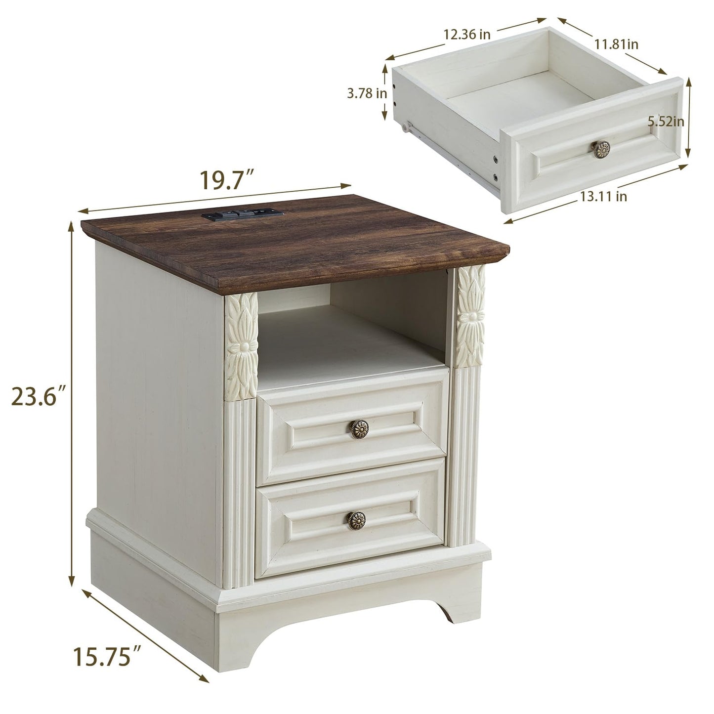 BOSHIRO Farmhouse Nightstand wtih Charging Station, 20" End Table with 2 Drawers, Night Stand Side Table Storage Cabinet with Carved Pilasters for Bedroom, Living Room, Wood Rustic, Antique White