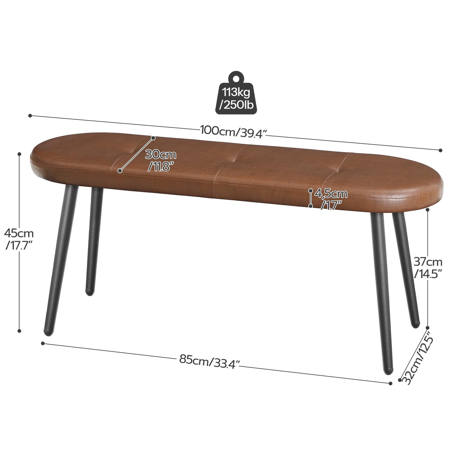 HOOBRO Dining Bench, Dining Room Bench, Upholstered Bench, with PU Leather Padded Seat, Steel Frame, Easy to Assemble, for Kitchen, Dining Room, Hallway, Bedroom, Entryway, Brown and Black CB100CD01
