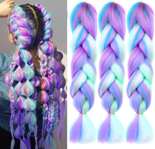 Ombre 4 Colors Mix Braiding Hair 3pcs Extensions Jumbo Hair Rainbow Color Colorful Twist Braid wigs Dreadlocks ( Pink /Purple/Green/Blue/ Light Cyan) (Lot 24Inch)