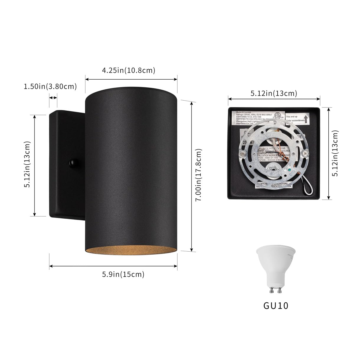 mirrea 7" Modern Outdoor Porch Wall Light with 5W LED GU10 Replaceable Bulbs in Matte Black Aluminum Cylinder Downlight Outside Sconce Pack of 2