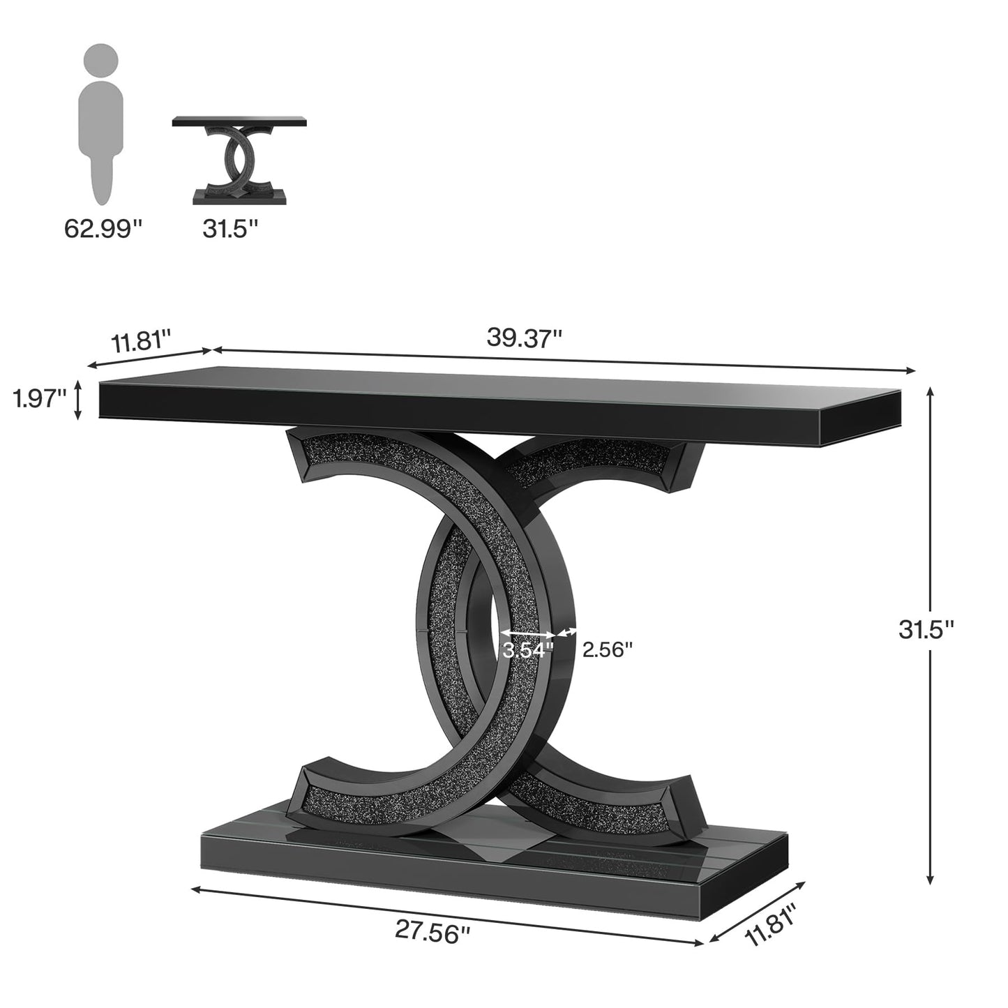Mirrored Console Table, 39 Inch Modern Glass Entryway Table with C-Shaped Base, Black Finish Hallway Sofa Table for Living Room